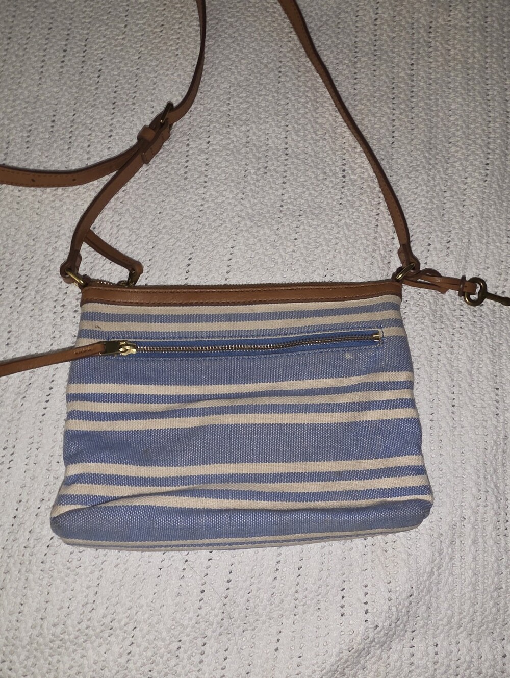 Fossil Key Fiona Blue Ivory White Canvas Crossbody Shoulder Purse Bag